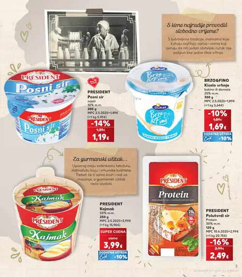 Kaufland katalog — stranica 3: PRESIDENT Polutvrdi sir Protein 30% m.m., PRESIDENT Posni sir svježi 10% m.m., Dukat BRZO&FINO Kiselo vrhnje, PRESIDENT Kajmak (vrijedi 23. 09. 2026.–29. 09. 2026.)