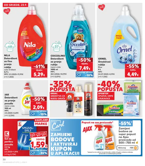 Kaufland katalog — stranica 30: Nila Deterdžent za fino pranje rublja color ili black 3,7 L, Ornel Omekšivač rublja Blue 4 L, Jar Deterdžent za pranje posuđa razne vrste 900 ml, Coccolino Deterdžent za pranje rublja razne vrste 1480 ml (vrijedi 23. 09. 2026.–29. 09. 2026.)