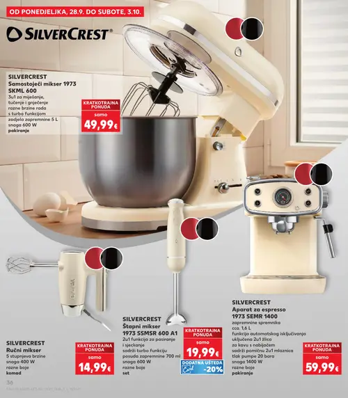 Kaufland katalog — stranica 36: SILVERCREST Samostojeći mikser 1973 SKML 600, SILVERCREST Ručni mikser, SILVERCREST Štapni mikser 1973 SSGMR 600 A1, SILVERCREST Aparat za espresso 1973 SEMR 1400 (vrijedi 23. 09. 2026.–29. 09. 2026.)
