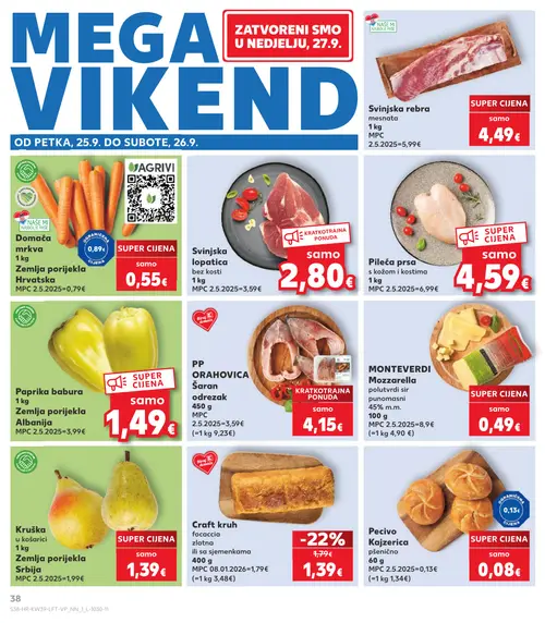 Kaufland katalog — stranica 38: Craft kruh focaccia zlatna ili sa sjemenkama, Domaća mrkva, Zemlja porijekla Hrvatska, Svinjska rebra (vrijedi 23. 09. 2026.–29. 09. 2026.)