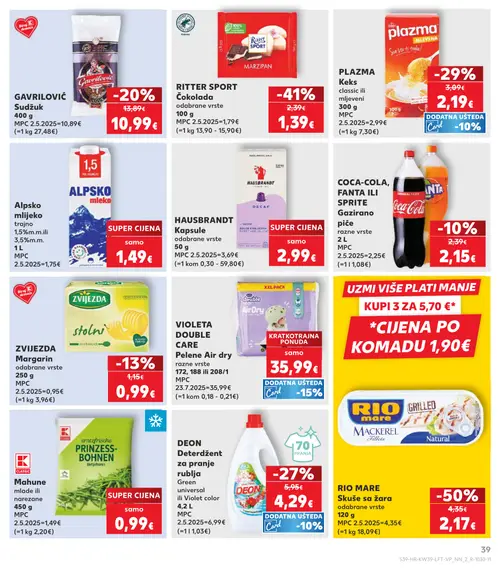 Kaufland katalog — stranica 39: RIO MARE Skuše sa žara odabrane vrste, RITTER SPORT Čokolada Marcipan, CLASSIC Mahune mlade ili narezane, PLAZMA Keks classic ili mljeveni (vrijedi 23. 09. 2026.–29. 09. 2026.)
