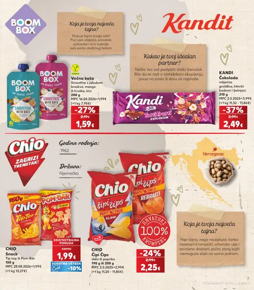 Kaufland katalog — stranica 7: Kandi Čokolada, Boom Box Smoothie s jabukom, breskvom, mango ili kruška, Chio Čipi Čips slani ili paprika, Chio Tip top ili Pom-Bär (vrijedi 23. 09. 2026.–29. 09. 2026.)