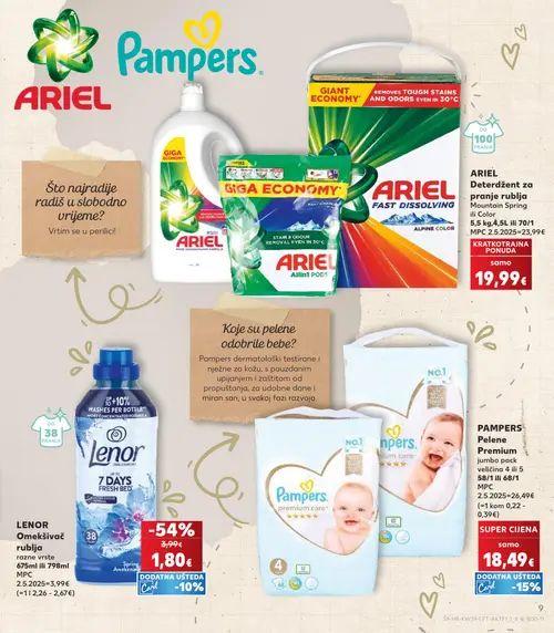 Kaufland katalog — stranica 9: Lenor Omekšivač rublja, Pampers Pelene jumbo pack, Ariel Deterdžent za pranje rublja Mountain Spring (vrijedi 23. 09. 2026.–29. 09. 2026.)