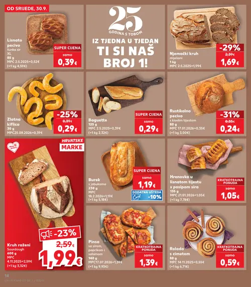 Kaufland katalog — stranica 14: Rustikalno pecivo s kiselim tijestom, Njemački kruh miješani, Zlatna kiflica, Kruh raženi Sourdough (vrijedi 30. 09. 2026.–06. 10. 2026.)