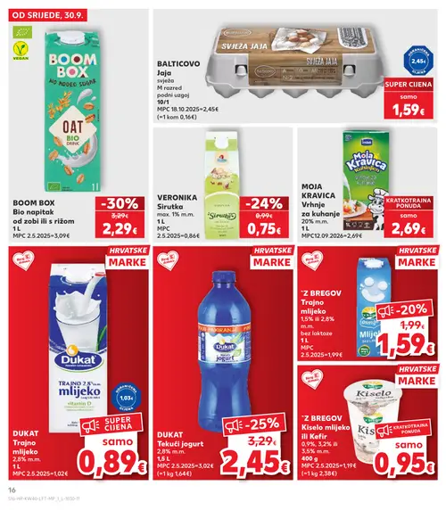Kaufland katalog — stranica 16: Z BREGOV Kiselo mlijeko ili Kefir 0,9%, 3,2% ili 3,5% m.m., BALTICOVO Jaja, BOOM BOX Bio napitak od zobi ili s rižom, DUKAT Tekući jogurt 2,8% m.m. (vrijedi 30. 09. 2026.–06. 10. 2026.)