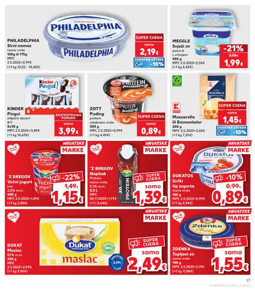 Kaufland katalog — stranica 17: CLASSIC Mozzarella ili Emmentaler, ZDENKA Topljeni sir, Z BREGOV Voćni jogurt mix, Z BREGOV Napitak Protein (vrijedi 30. 09. 2026.–06. 10. 2026.)
