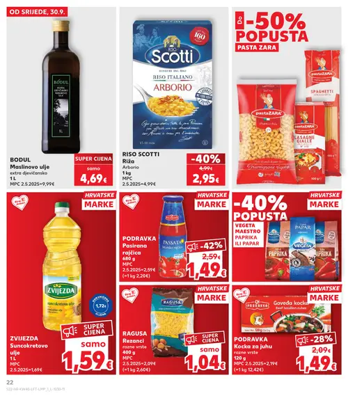 Kaufland katalog — stranica 22: BODUL Maslinovo ulje extra djevičansko, RISO SCOTTI Riža Arborio, ZVIJEZDA Suncokretovo ulje (vrijedi 30. 09. 2026.–06. 10. 2026.)