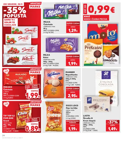 Kaufland katalog — stranica 24: LASTA ŠTRUDLA ČOKOLADA, MANNER Napolitanke odabrane vrste, TIP TOP ILI POM-BÄR Snack razne vrste, POCO LOCO Čips tortilja razne vrste (vrijedi 30. 09. 2026.–06. 10. 2026.)