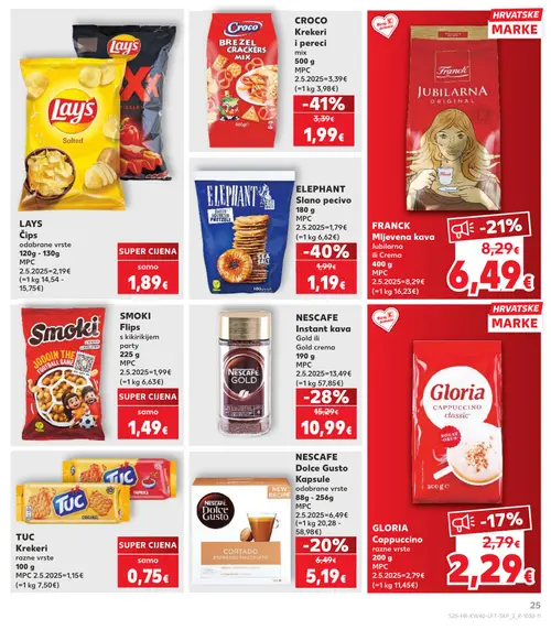 Kaufland katalog — stranica 25: CROCO Krekari i pereci mix, ELEPHANT Slano pecivo, NESCAFE Instant kava Gold ili Gold crema, FRANCK Mljekvena kava Jubilarna ili Crema (vrijedi 30. 09. 2026.–06. 10. 2026.)