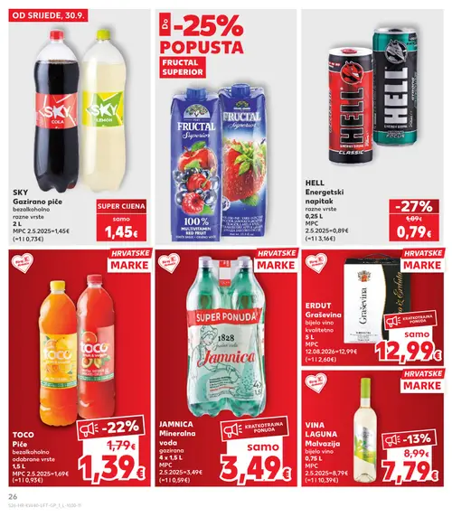Kaufland katalog — stranica 26: HELL Energetski napitak razne vrste 0,25 L, TOCO Piće bezalkoholno odabrane vrste 1,5 L, LAGUNA Malvazija bijelo vino 0,75 L, SKY Gazirano piće bezalkoholno razne vrste 2 L (vrijedi 30. 09. 2026.–06. 10. 2026.)