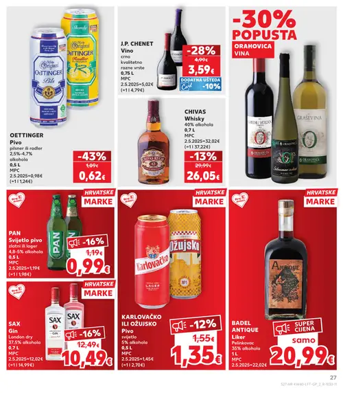 Kaufland katalog — stranica 27: OETTINGER Pils, J.P. CHENET Vino, PAN Svijetlo pivo, SAX Gin London dry (vrijedi 30. 09. 2026.–06. 10. 2026.)