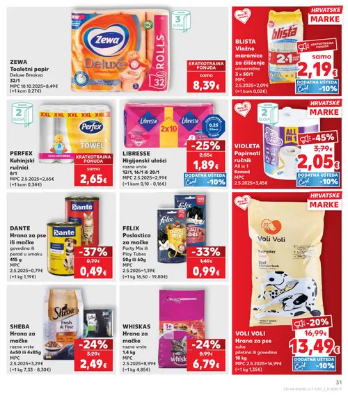 Kaufland katalog — stranica 31: Violeta Papirnati ručnik Komad, BlisTa VlAžne maramice univerzalne, Dante Hrana za pse govedina ili perad u umaku 415 g, FELIX Poslastica za mačke Party Mix ili Play Tubes 50g ili 60g (vrijedi 30. 09. 2026.–06. 10. 2026.)