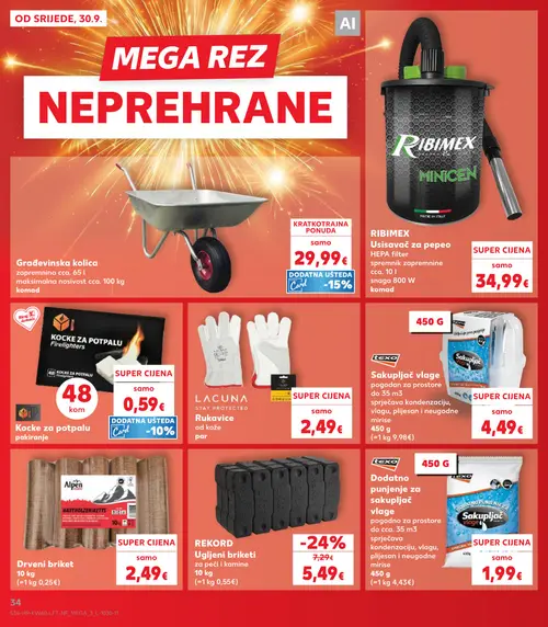 Kaufland katalog — stranica 34: REKORD Ugljeni briketi, Građevinska kolica, Kocke za potpalu Firelighters, RIBIMEX Usisavač za pepeo HEPA filter (vrijedi 30. 09. 2026.–06. 10. 2026.)