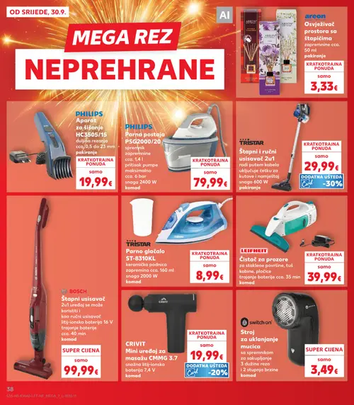 Kaufland katalog — stranica 38: areon Osvježivač prostora sa štapićima, PHILIPS Aparat za šišanje HC3505/15, PHILIPS Parna postaja PSG2000/20, TRISTAR Štapni i ručni usisavač 2u1 (vrijedi 30. 09. 2026.–06. 10. 2026.)