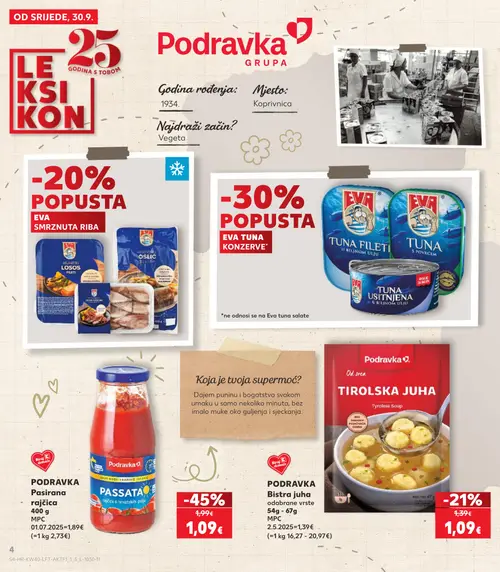 Kaufland katalog — stranica 4: PODRAVKA PASIRANA RAJČICA, PODRAVKA BISTRA JUHA (vrijedi 30. 09. 2026.–06. 10. 2026.)