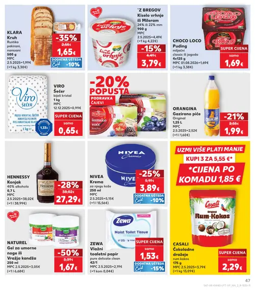 Kaufland katalog — stranica 47: NATUREL Gel za umorne noge ili Vraźja kandza, KLARA Kruh Rustika pakirani, narezani, ZEWA Vlažni toaletni papir pure delicate clean 42/1, HENNESSY Konjak (vrijedi 30. 09. 2026.–06. 10. 2026.)