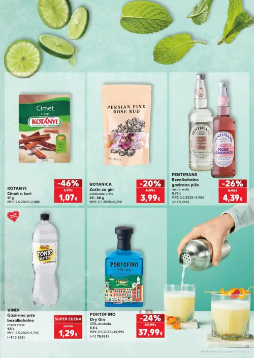 Kaufland katalog — stranica 15: KOTANYI Cimet u kori, FENTIMANS Bezalkoholno gazirano piće, PORTOFINO Dry Gin, BOTANICA Začin za gin (vrijedi 24. 06. 2026.–30. 06. 2026.)