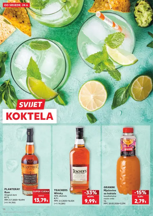 Kaufland katalog — stranica 18: Teacher's TEACHERS Whisky 40% alkohola, GRANINI GRANINI Mješavina za koktele bezalkoholna razne vrste, PLANTERAY PLANTERAY Rum Original dark (vrijedi 24. 06. 2026.–30. 06. 2026.)
