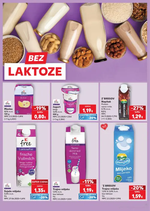 Kaufland katalog — stranica 21: Z BREGOV Npitak Protein razne vrste 0,1% m.m., Z BREGOV Trajno mlijeko 1,5% ili 2,8% m.m. bez laktoze, free Maslac 82% m.m., free Trajno mlijeko 1,5% m.m. bez laktoze (vrijedi 24. 06. 2026.–30. 06. 2026.)