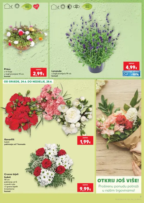 Kaufland katalog — stranica 3: Prkos u tri boje, Lavanda u tegli, Karanfili buket, Crveno bijeli buket (vrijedi 24. 06. 2026.–30. 06. 2026.)