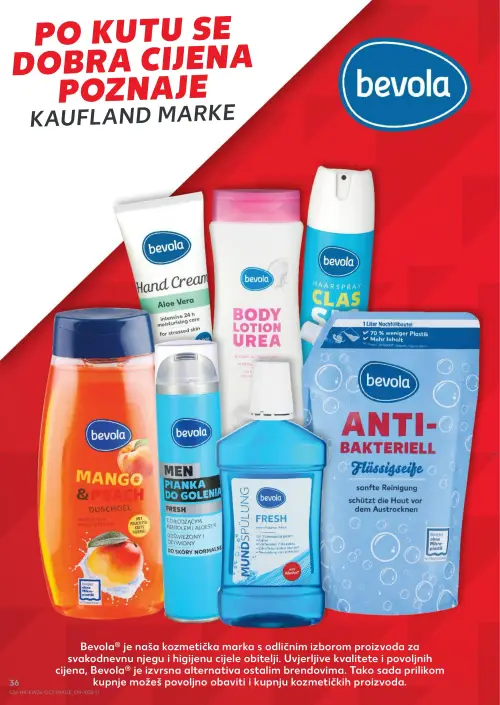 Kaufland katalog — stranica 36: bevolva Hand Cream Aloe Vera, bevolva BODY LOTION UREA, bevolva HAARSPRAY CLASS, bevolva DUSCHGEL MANGO & PEACH (vrijedi 24. 06. 2026.–30. 06. 2026.)