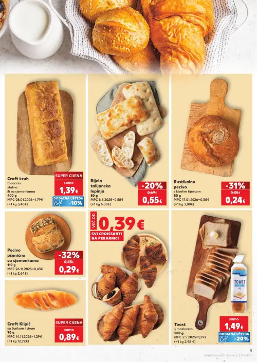 Kaufland katalog — stranica 5: Pecivo pšenično sa sjemenkama, Rustikalno pecivo s kiselim tijestom, Craft Klipić sa šunkom i sirom, Craft kruh focaccia (vrijedi 24. 06. 2026.–30. 06. 2026.)