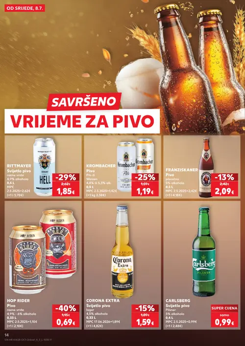 Kaufland katalog — stranica 14: Hop Rider HOP RIDER Pivo razne vrste, RITTMAYER Svijetlo pivo razne vrste, Krombacher KROMBACHER Pivo Pils ili Weizen, Corona Extra CORONA EXTRA Svijetlo pivo lager (vrijedi 08. 07. 2026.–14. 07. 2026.)