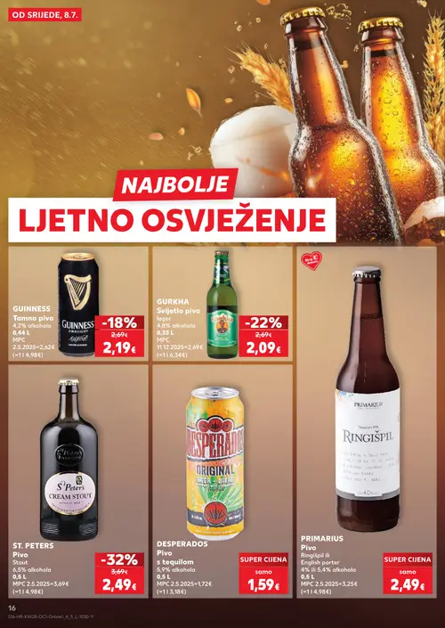Kaufland katalog — stranica 16: ST. PETERS ST. PETERS Pivo Stout, GURKHA Svijetlo pivo lager, GUINNESS GUINNESS Tamno pivo, DESPERADOS DESPERADOS Pivo s tequilom (vrijedi 08. 07. 2026.–14. 07. 2026.)