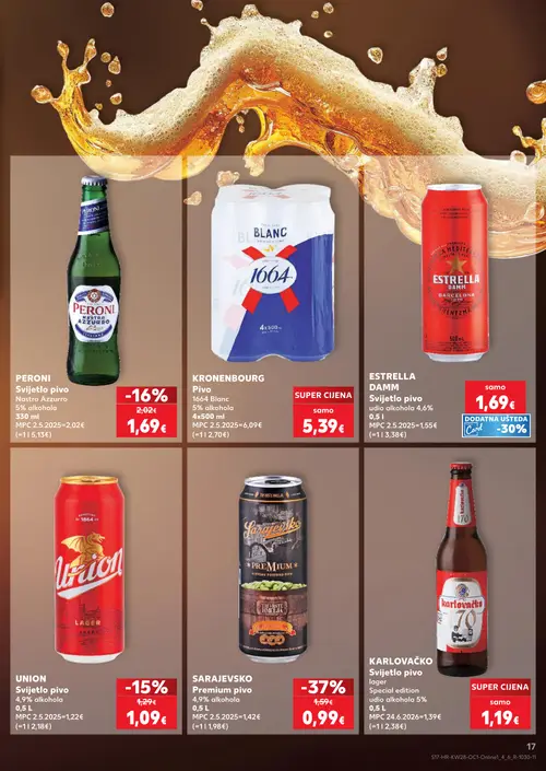Kaufland katalog — stranica 17: Sarajevsko Sarajevsko Premium pivo, Peroni Peroni Svijetlo pivo Nastro Azzurro, Union Union Svijetlo pivo, Kronenbourg Kronenbourg Pivo 1664 Blanc (vrijedi 08. 07. 2026.–14. 07. 2026.)