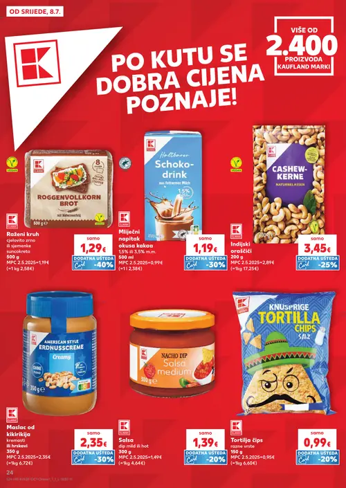 Kaufland katalog — stranica 24: K Classic Roggenvollkorn Brot, K Classic Mliječni napitak okusa kakaa, K Classic Cashew Kerne Natur belassen, K Classic Maslac od kikirikija kremasti ili hrskavi (vrijedi 08. 07. 2026.–14. 07. 2026.)
