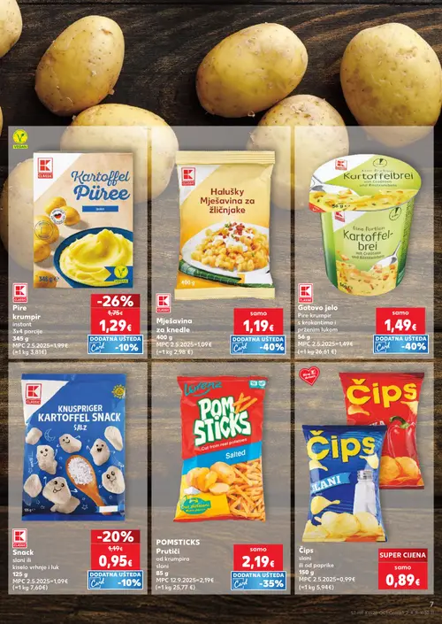 Kaufland katalog — stranica 7: CLASSIC Kartoffel Püree, CLASSIC Snack slani krumpir, CLASSIC Halušky Mješavina za žličnjake, CLASSIC Gotovo jelo Pire krumpir s krokanima i prženim lukom (vrijedi 08. 07. 2026.–14. 07. 2026.)