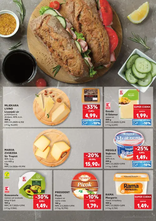 Kaufland katalog — stranica 9: TRAPIST sir, CLASSIC Guacamole namaz od avokada blagi ili ljuti, MEGGLE Vaj krem classic 30% m.m., PRESIDENT Picok topljeni sir razne vrste (vrijedi 08. 07. 2026.–14. 07. 2026.)