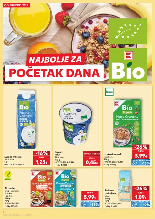 Kaufland katalog — stranica 4: Zobene pahuljice sitne, Hrskavi muesli s orasom, Svježe mlijeko, Kokos-Mandel Granola (vrijedi 29. 07. 2026.–05. 08. 2026.)