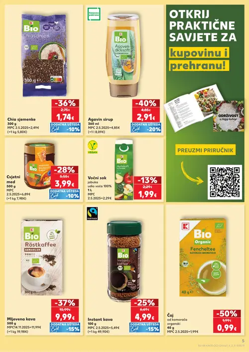 Kaufland katalog — stranica 5: Bio Čaj od komorača, Bio Agavin sirup, Bio Rösti kava, Bio Chia sjemenke (vrijedi 29. 07. 2026.–05. 08. 2026.)