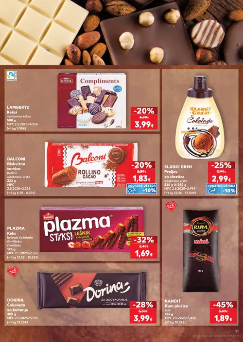 Kaufland katalog — stranica 11: Kandit Rum pločice mini, Bambi Plazma keksi, Dorina Čokolada za kuhanje, Sladki greh Čokolada desertni preljev (vrijedi 09. 09. 2026.–15. 09. 2026.)
