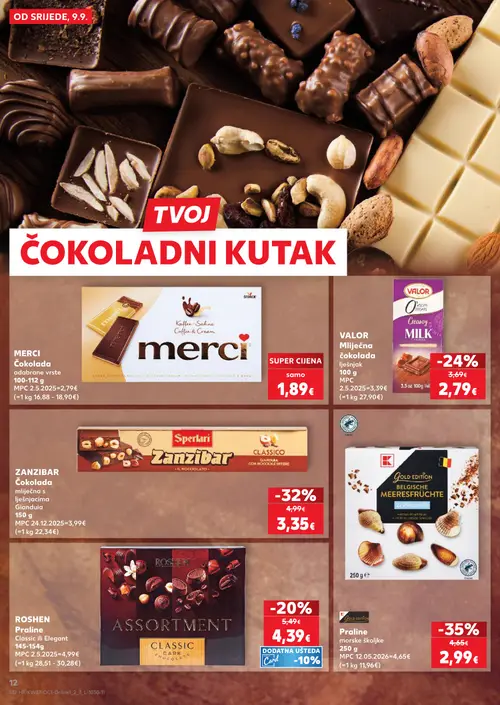 Kaufland katalog — stranica 12: Gold EDITION Praline morske školjke, Sperlari Zanzibar Čokolada mliječna s lješnjacima Gianduia, VALOR Mliječna čokolada, ROSEN Praline (vrijedi 09. 09. 2026.–15. 09. 2026.)