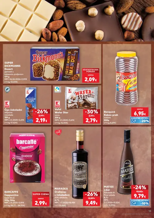 Kaufland katalog — stranica 13: CLASSIC Vafel Wafer Star minis, CLASSIC Čips čokoladni, MARASKA Orahovac s čokoladom, MATISS Liker (vrijedi 09. 09. 2026.–15. 09. 2026.)