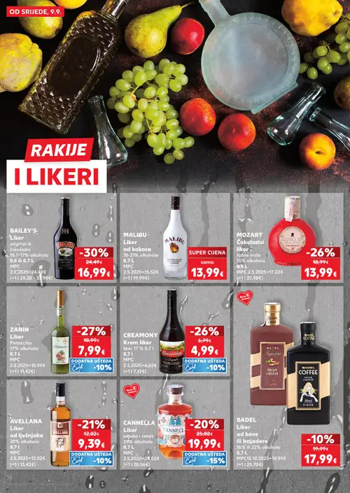 Kaufland katalog — stranica 16: BAILEY'S Liker original ili čokoladni, ZANIN Liker Pistacchio, CREAMONY Krem liker, MOZART Čokoladni liker (vrijedi 09. 09. 2026.–15. 09. 2026.)