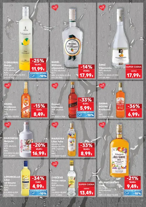 Kaufland katalog — stranica 19: DARNA ROVINJ Kruškovac, LIMONCELLO Liker od limuna, MARASKA Liker Julia šljivovica s okusom kruške, Domači kruškovac (vrijedi 09. 09. 2026.–15. 09. 2026.)