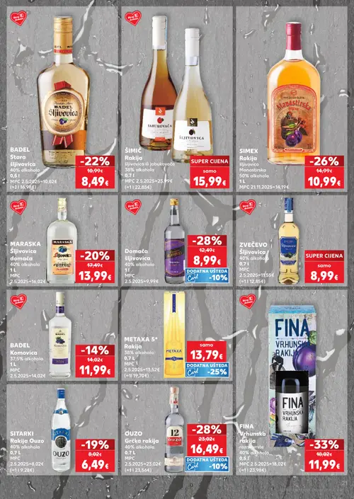 Kaufland katalog — stranica 21: FINA VRHUNSKA rakija, OUZO Grčka rakija, Domaća šljivovica, SIMEX Rakija Šljivovica Manastirska (vrijedi 09. 09. 2026.–15. 09. 2026.)