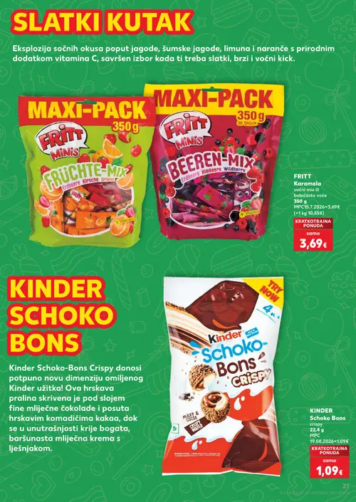 Kaufland katalog — stranica 27: FRITT Karamela voćni mix ili bobičasto voće, Kinder Schoko Bons crispy (vrijedi 09. 09. 2026.–15. 09. 2026.)