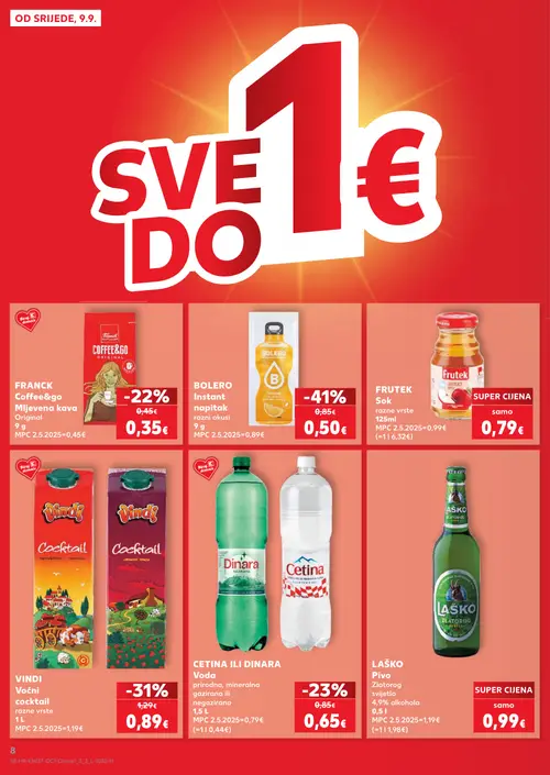 Kaufland katalog — stranica 8: Bolero instant napitak razni okusi, Vindi voćni cocktail mandarina naranča, Cetina ili Dinara voda prirodna, mineralna gazirana ili negazirana, Franck Coffee&go original mljevena kava (vrijedi 09. 09. 2026.–15. 09. 2026.)