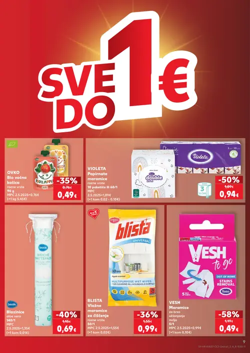 Kaufland katalog — stranica 9: Violeta VESH Maramice, VIOLETA Papirnate maramice, Bevola Blazinice, BLISTA Vlažne maramice za čišćenje (vrijedi 09. 09. 2026.–15. 09. 2026.)