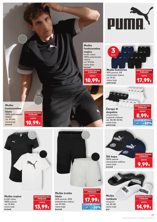 Kaufland katalog — stranica 21: PUMA Muška funkcionalna majica kratki rukav, PUMA Muške bokserice, PUMA Čarape ili stopalice, PUMA Šilt kapa (vrijedi 24. 06. 2026.–30. 06. 2026.)