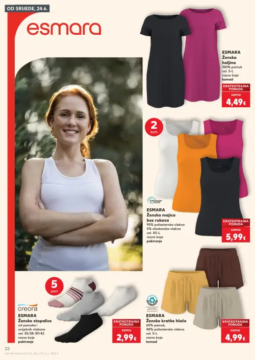 Kaufland katalog — stranica 22: ESMARA ESMARA Ženska haljina, ESMARA ESMARA Ženska majica bez rukava, ESMARA ESMARA Ženske stopalice od pamuka i umjetnih vlakana, ESMARA ESMARA Ženske kratke hlače (vrijedi 24. 06. 2026.–30. 06. 2026.)