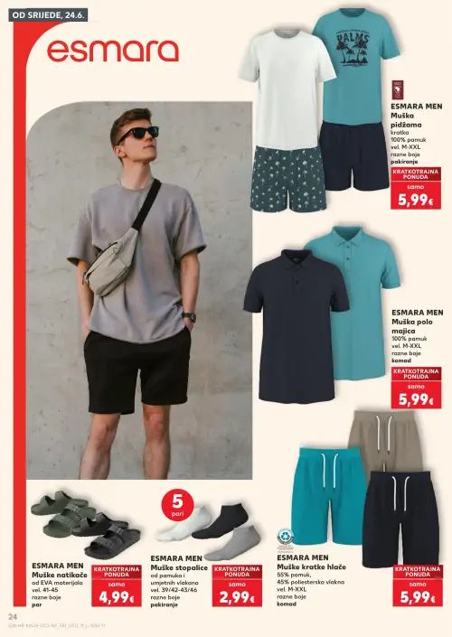 Kaufland katalog — stranica 24: esmara ESMARA MEN Muška pidžama kratka, esmara ESMARA MEN Muška polo majica, esmara ESMARA MEN Muške natikače od EVA materijala, esmara ESMARA MEN Muške stopalice od pamuka i umjetnih vlakana (vrijedi 24. 06. 2026.–30. 06. 2026.)
