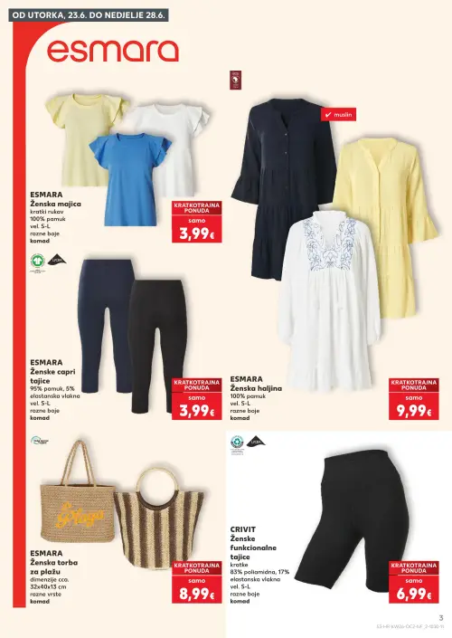 Kaufland katalog — stranica 3: ESMARA ESMARA Ženska majica kratki rukav, ESMARA ESMARA Ženska haljina, ESMARA ESMARA Ženske capri tajice, ESMARA ESMARA Ženska torba za plažu (vrijedi 24. 06. 2026.–30. 06. 2026.)