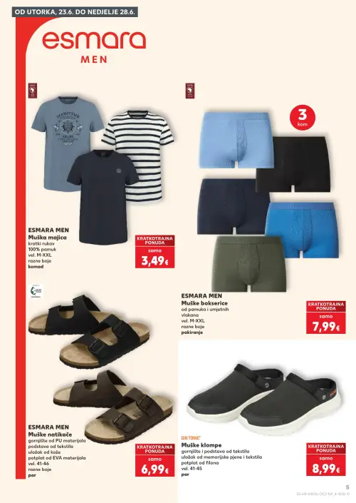 Kaufland katalog — stranica 5: ESMARA MEN Muška majica kratki rukav, ESMARA MEN Muške bokserice, ESMARA MEN Muške natikače, GIN TONIC Muške klompe (vrijedi 24. 06. 2026.–30. 06. 2026.)
