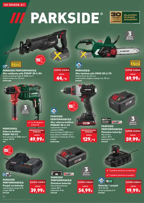 Kaufland katalog — stranica 10: PARKSIDE PERFORMANCE Aku sabljasta pila PSSAP 20-Li E6, PARKSIDE Aku lančana pila PAKS 20-Li F5, PARKSIDE Udarna bušilica PSBM 750 C3, PARKSIDE PERFORMANCE Aku udarna bušilica PSBSAP 20-Li C3 (vrijedi 08. 07. 2026.–14. 07. 2026.)
