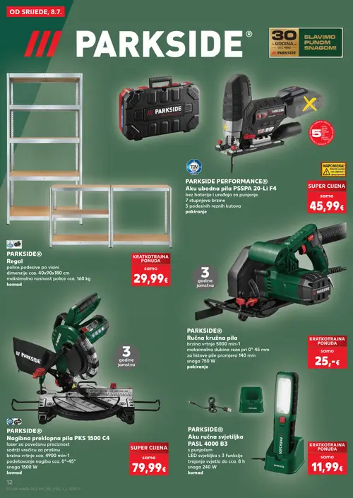 Kaufland katalog — stranica 12: PARKSIDE Aku ubodna pila PSSPA 20-Li F4, PARKSIDE Regal, PARKSIDE Ručna kružna pila, PARKSIDE Nagibna preklopna pila PKS 1500 C4 (vrijedi 08. 07. 2026.–14. 07. 2026.)